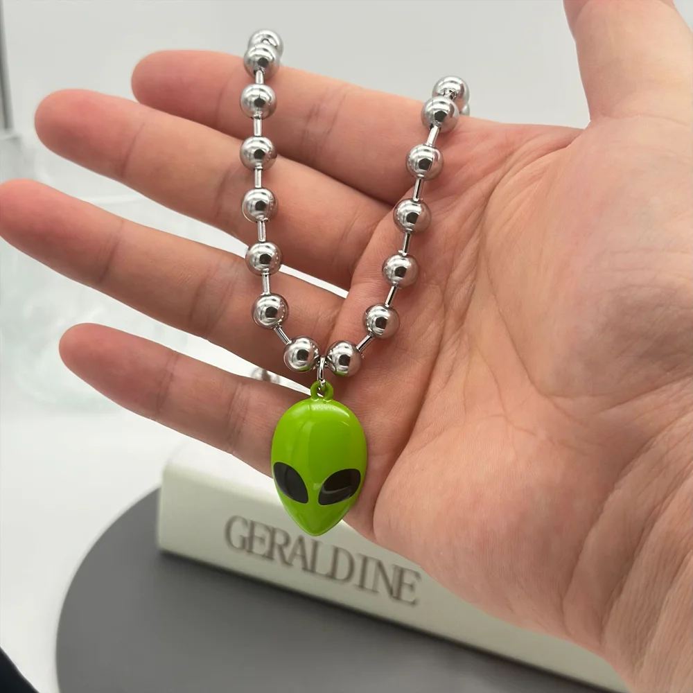Cyber Chunky Bead Chain Green Alien Face Charm Choker Necklace 90's Punk Gothic UFO Choker Necklace for Women Men