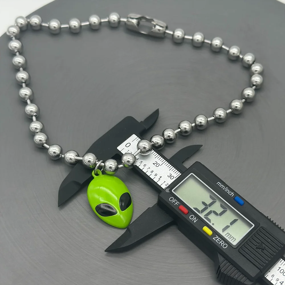Cyber Chunky Bead Chain Green Alien Face Charm Choker Necklace 90's Punk Gothic UFO Choker Necklace for Women Men