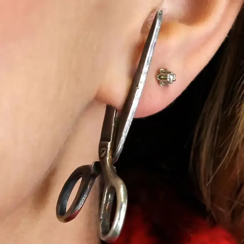 Dark Gothic Vintage Imitation Scissors Exaggerate Stud Earrings For Men Women Goth Punk Silver Color Halloween Fashion