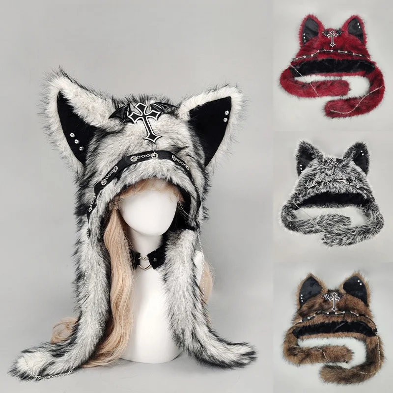 Dark Series Gothic Plush Hat Y2K Cross Metal Style Headwear Cosplay Cat Ear Hat Halloween Punk Rock Warm Cap for Women