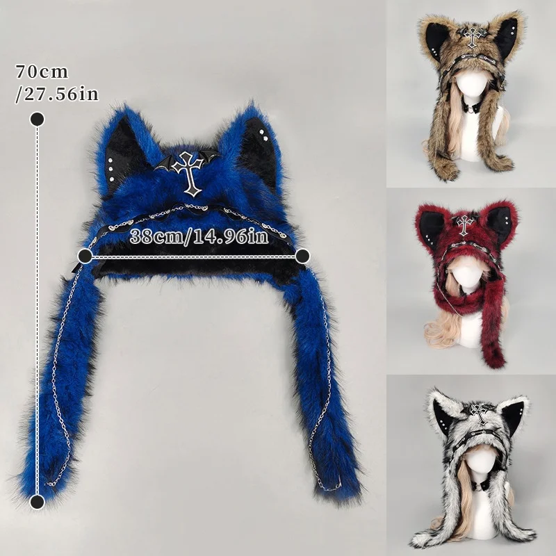 Dark Series Gothic Plush Hat Y2K Cross Metal Style Headwear Cosplay Cat Ear Hat Halloween Punk Rock Warm Cap for Women