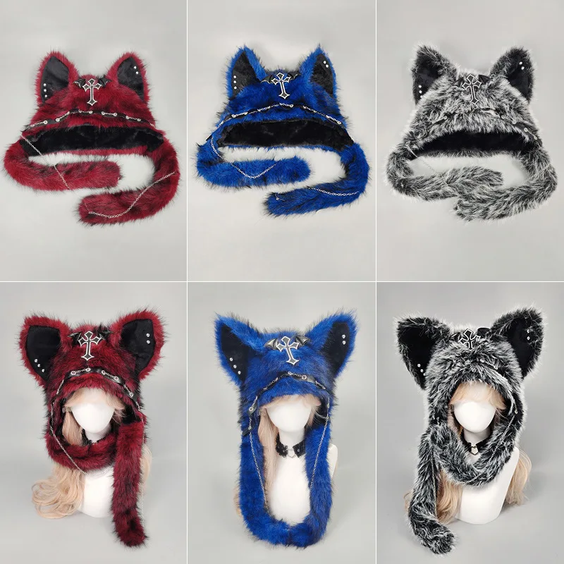 Dark Series Gothic Plush Hat Y2K Cross Metal Style Headwear Cosplay Cat Ear Hat Halloween Punk Rock Warm Cap for Women