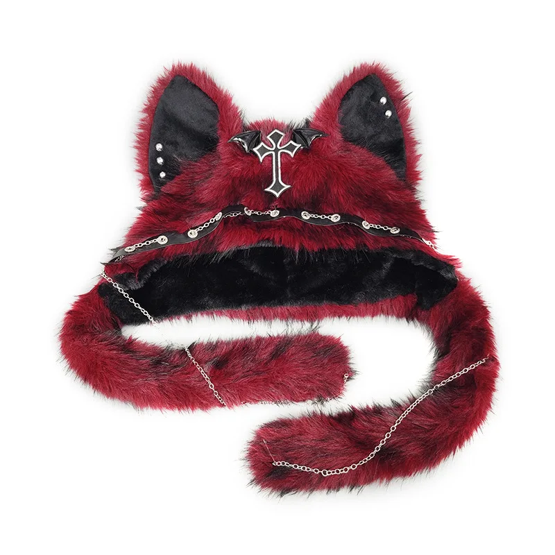 Dark Series Gothic Plush Hat Y2K Cross Metal Style Headwear Cosplay Cat Ear Hat Halloween Punk Rock Warm Cap for Women