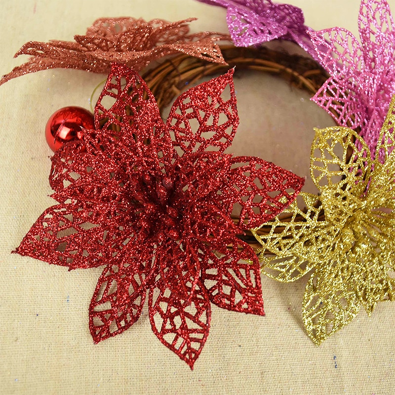 Decorative 14cm Glitter Poinsettias (10 pcs) Decorative 14cm Glitter Poinsettias (10 pcs)