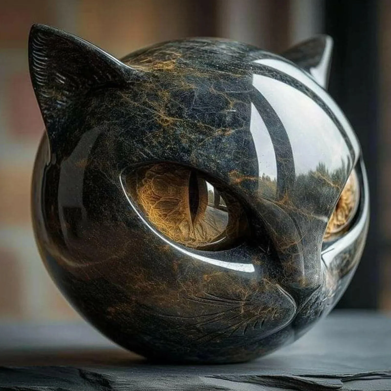 Decorative Black Cat Stone Figurine Resin Cat Head Healing Stone Marble Texture Cat Stone Keepsake Gift Office Desk