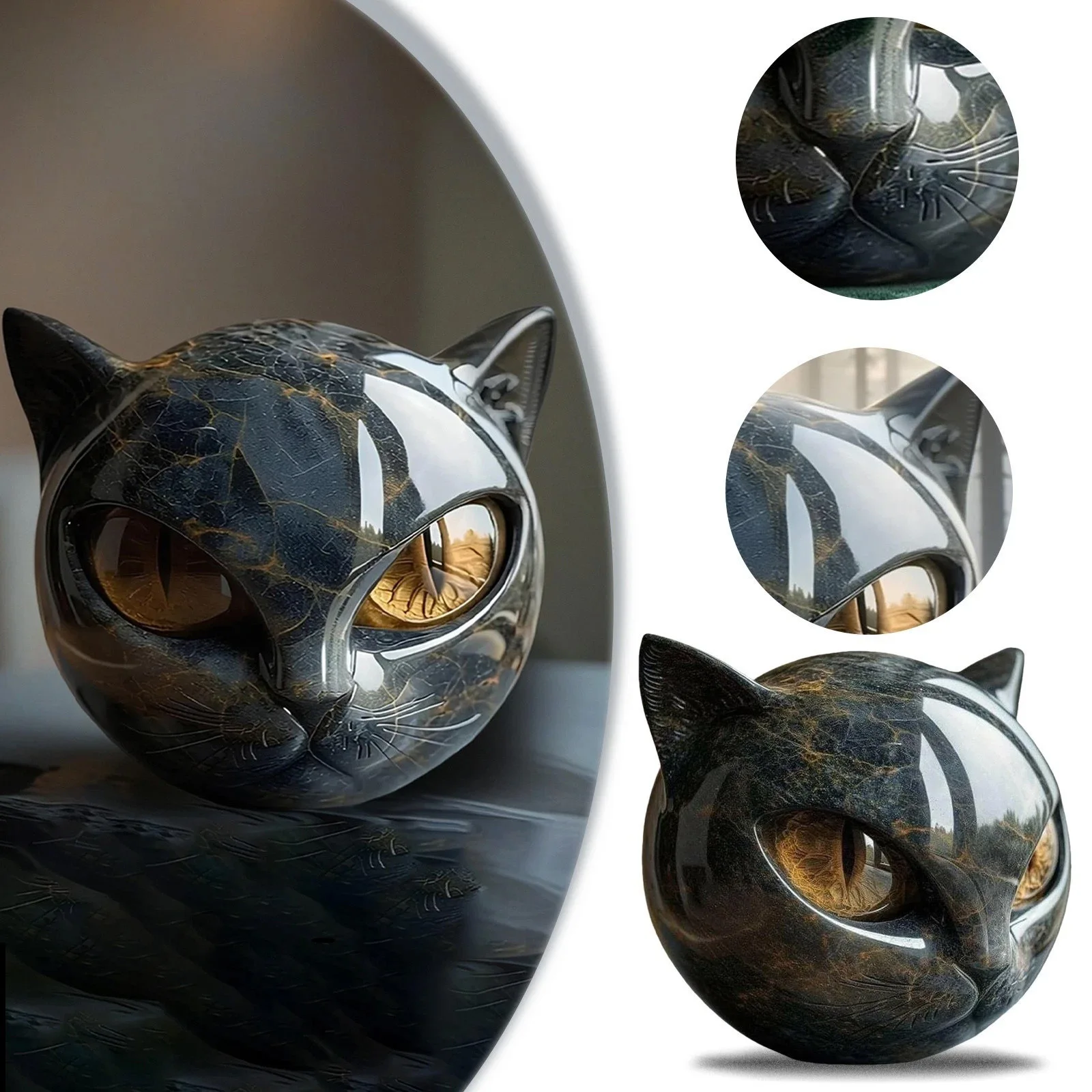 Decorative Black Cat Stone Figurine Resin Cat Head Healing Stone Marble Texture Cat Stone Keepsake Gift Office Desk Decorative Black Cat Stone Figurine Resin Cat Head Healing Stone Marble Texture Cat Stone Keepsake Gift Office Desk