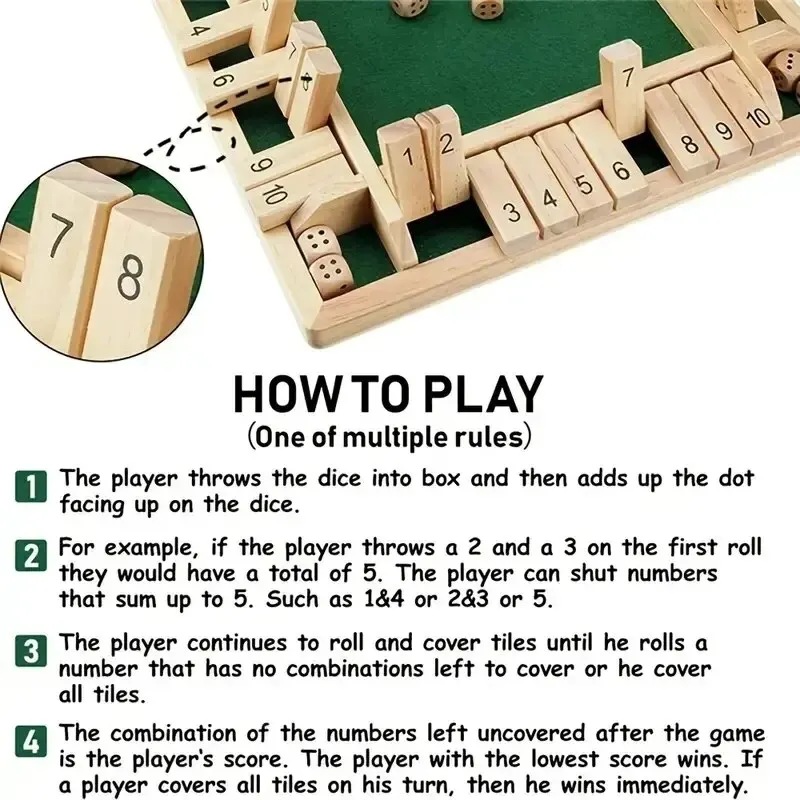 Deluxe Four Sided 10 Numbers Shut The Box Board Game Set Dice Party Club Drinking Games for Adults Families Deluxe Four Sided 10 Numbers Shut The Box Board Game Set Dice Party Club Drinking Games for Adults Families
