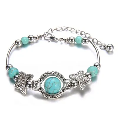 Delysia King Trendy Women Butterfly Bracelet Carved Pattern Personality Beaded Turquoise Hand Chain