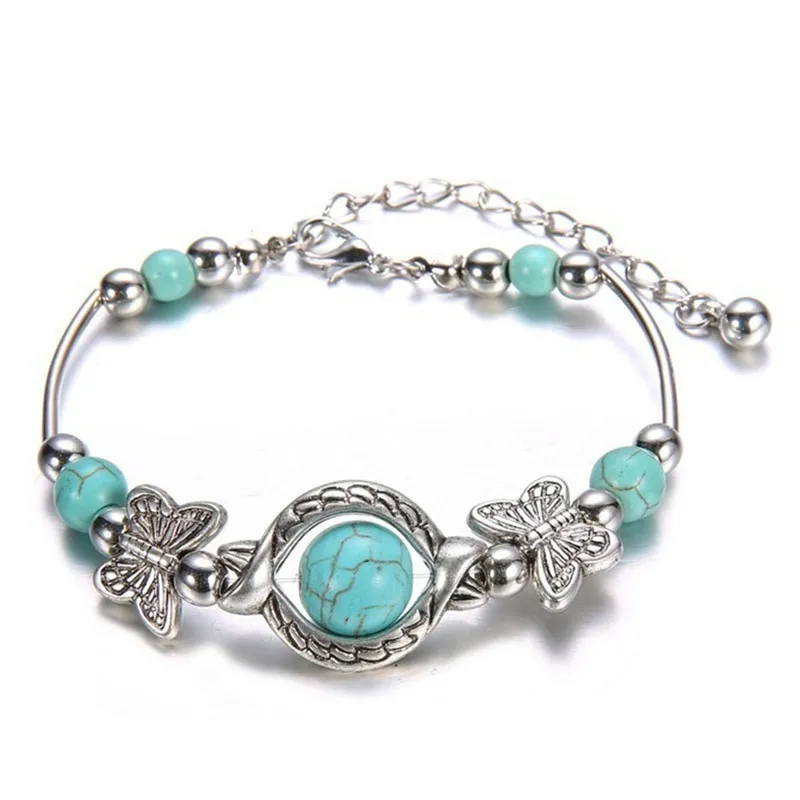 Delysia King Trendy Women Butterfly Bracelet Carved Pattern Personality Beaded Turquoise Hand Chain