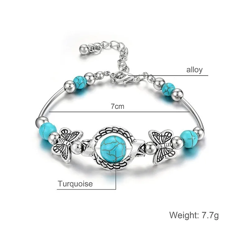 Delysia King Trendy Women Butterfly Bracelet Carved Pattern Personality Beaded Turquoise Hand Chain