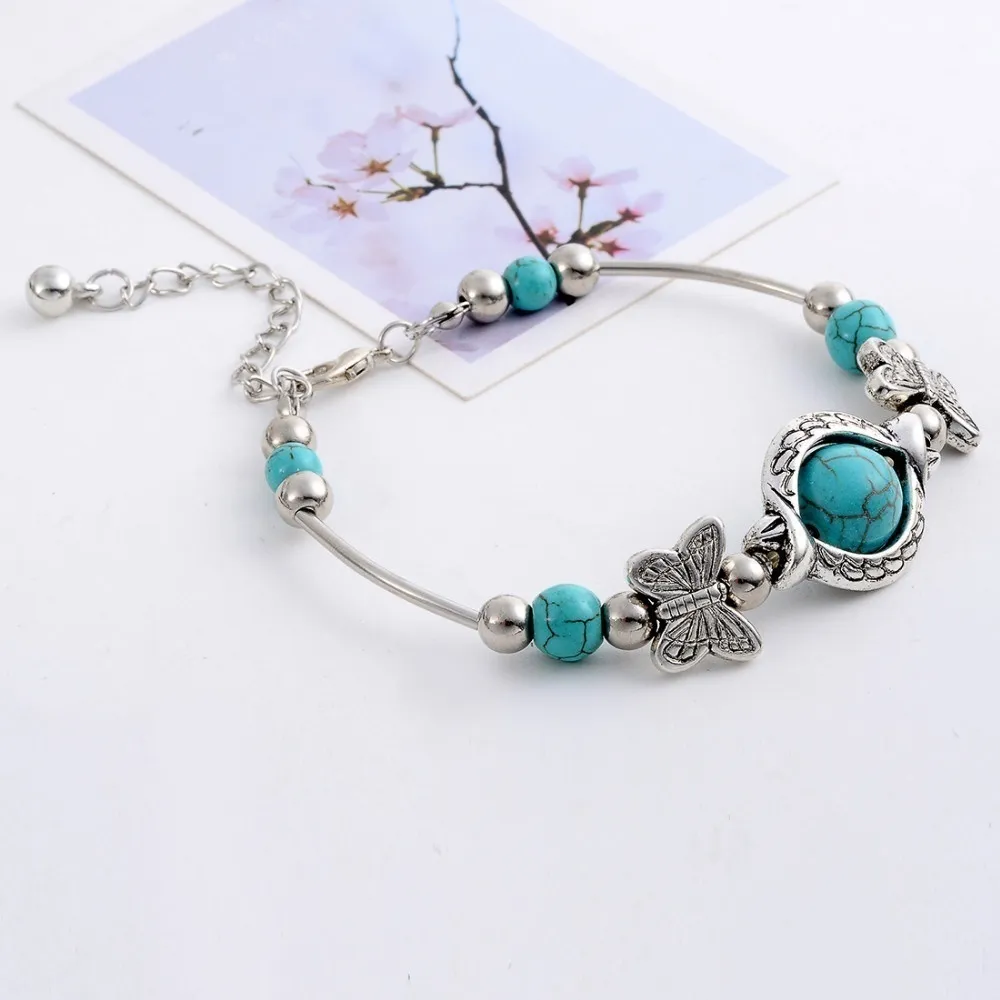 Delysia King Trendy Women Butterfly Bracelet Carved Pattern Personality Beaded Turquoise Hand Chain