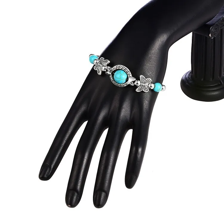 Delysia King Trendy Women Butterfly Bracelet Carved Pattern Personality Beaded Turquoise Hand Chain