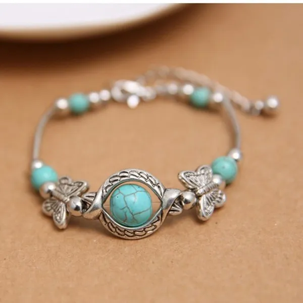 Delysia King Trendy Women Butterfly Bracelet Carved Pattern Personality Beaded Turquoise Hand Chain