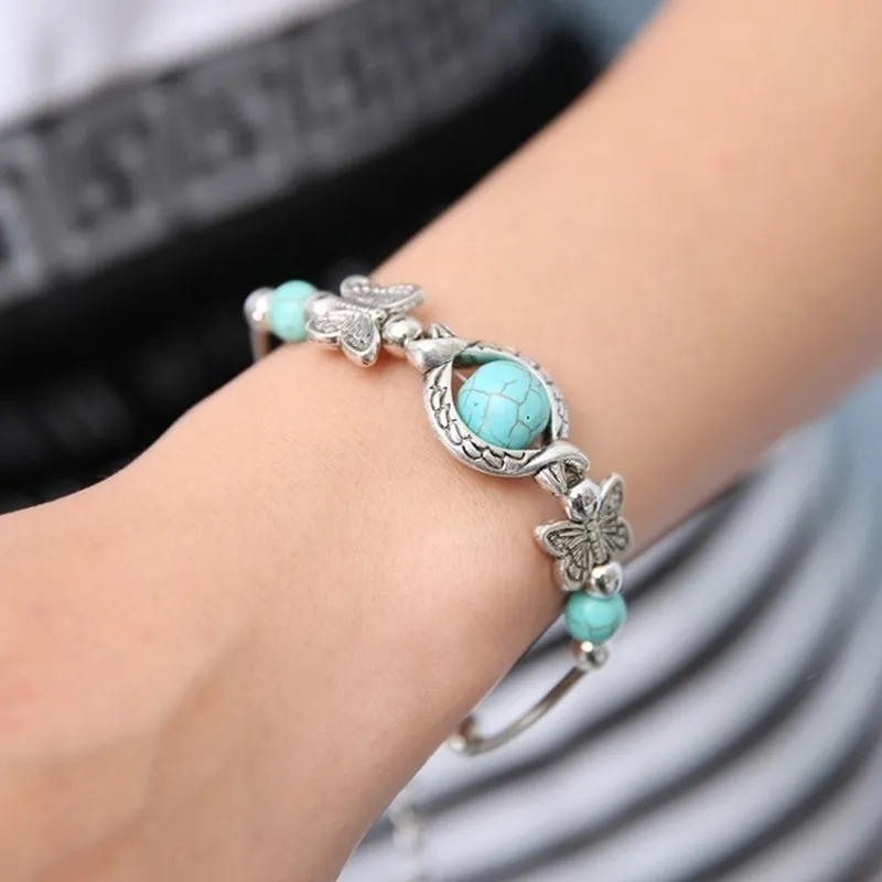 Delysia King Trendy Women Butterfly Bracelet Carved Pattern Personality Beaded Turquoise Hand Chain