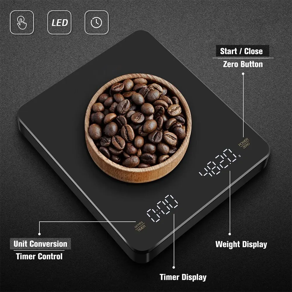 Digital Coffee Scale with Timer LED Screen Espresso USB 3kg Max.Weighing 0.1g High Precision Measures in Oz/ml/g