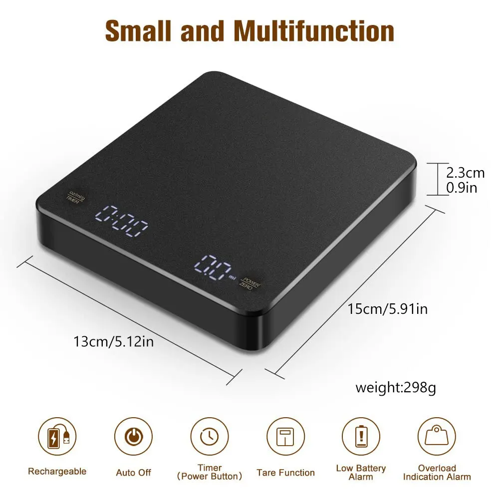 Digital Coffee Scale with Timer LED Screen Espresso USB 3kg Max.Weighing 0.1g High Precision Measures in Oz/ml/g