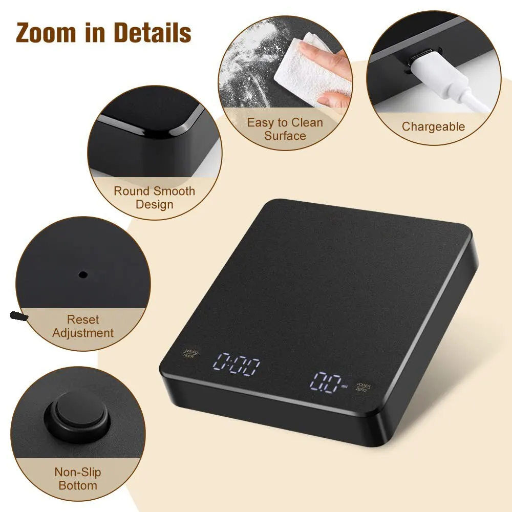 Digital Coffee Scale with Timer LED Screen Espresso USB 3kg Max.Weighing 0.1g High Precision Measures in Oz/ml/g