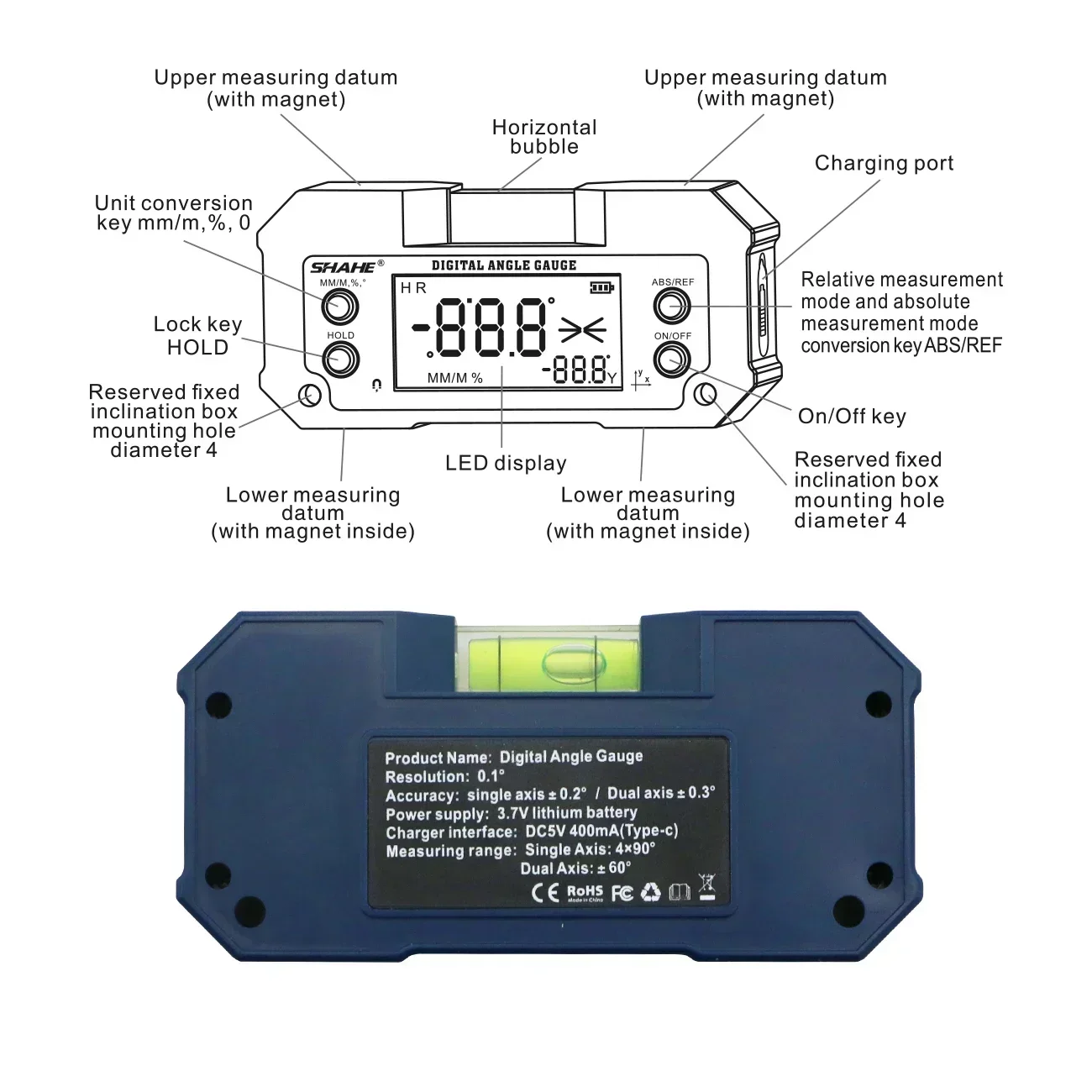 Digital Level Inclinometer Dual-axis Electronic Protractor Rechargable Bevel Box Electronic Level Angle Finder Gauge