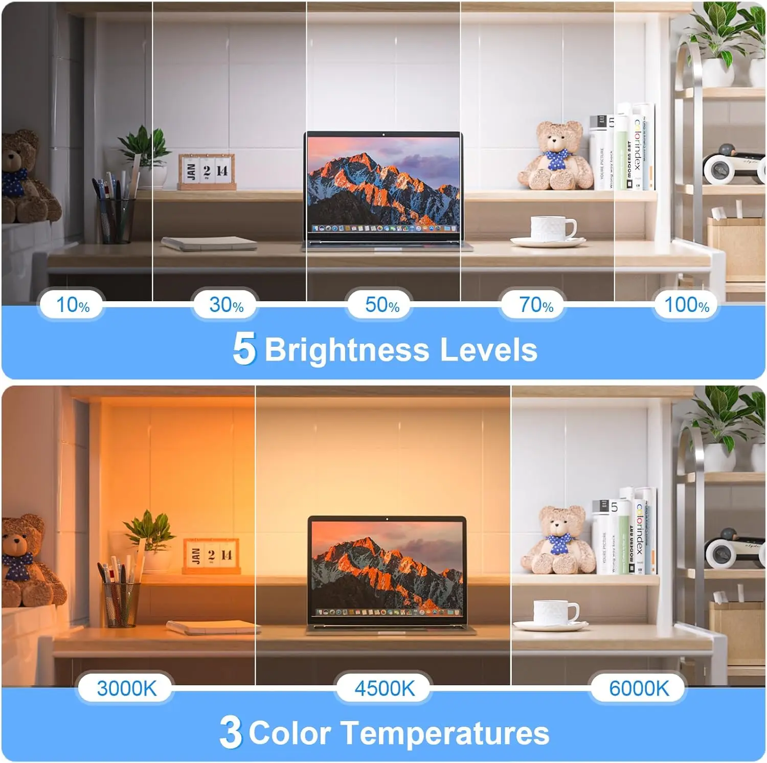 Dimmable Mirror Light 3 Colors Adjustable Makeup Light with 2500mAh Rechargeable Under Cabinet for Closet Bedside Desk