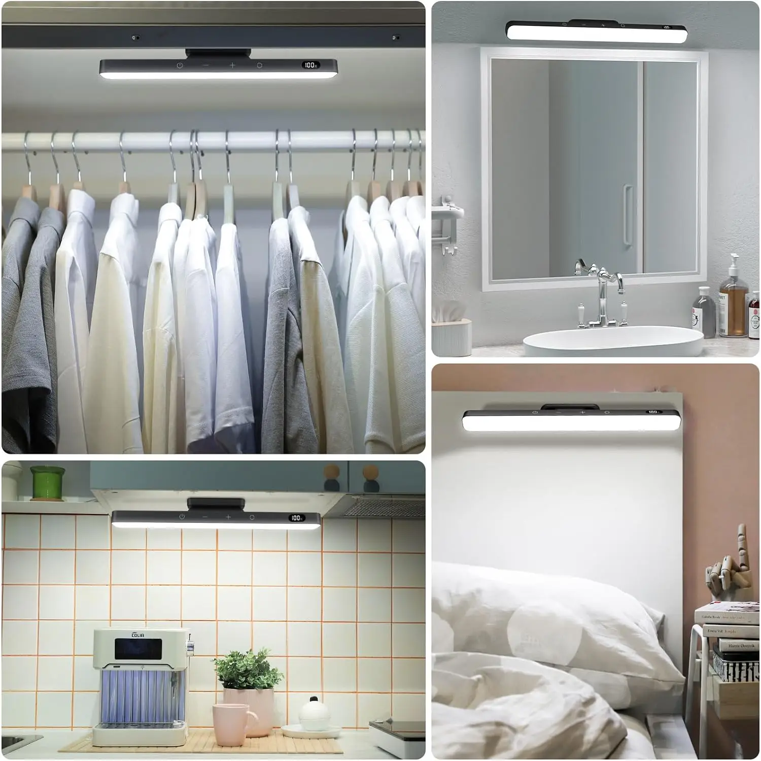 Dimmable Mirror Light 3 Colors Adjustable Makeup Light with 2500mAh Rechargeable Under Cabinet for Closet Bedside Desk