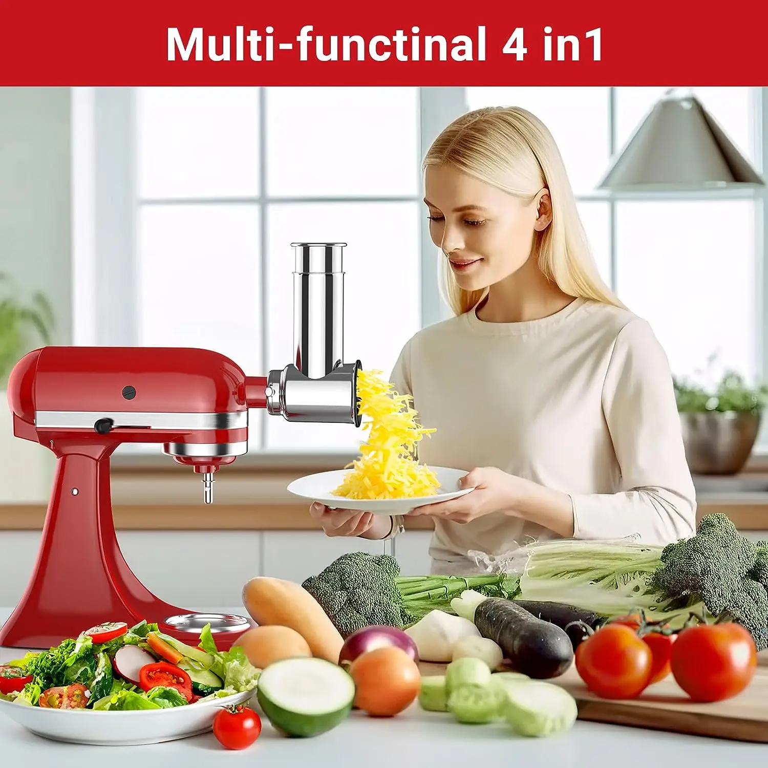 Dishwasher Safe,Stainless Steel Slicer/Shredder Attachment for KitchenAid Stand Mixer, Salad Machine Vegetable Slicer