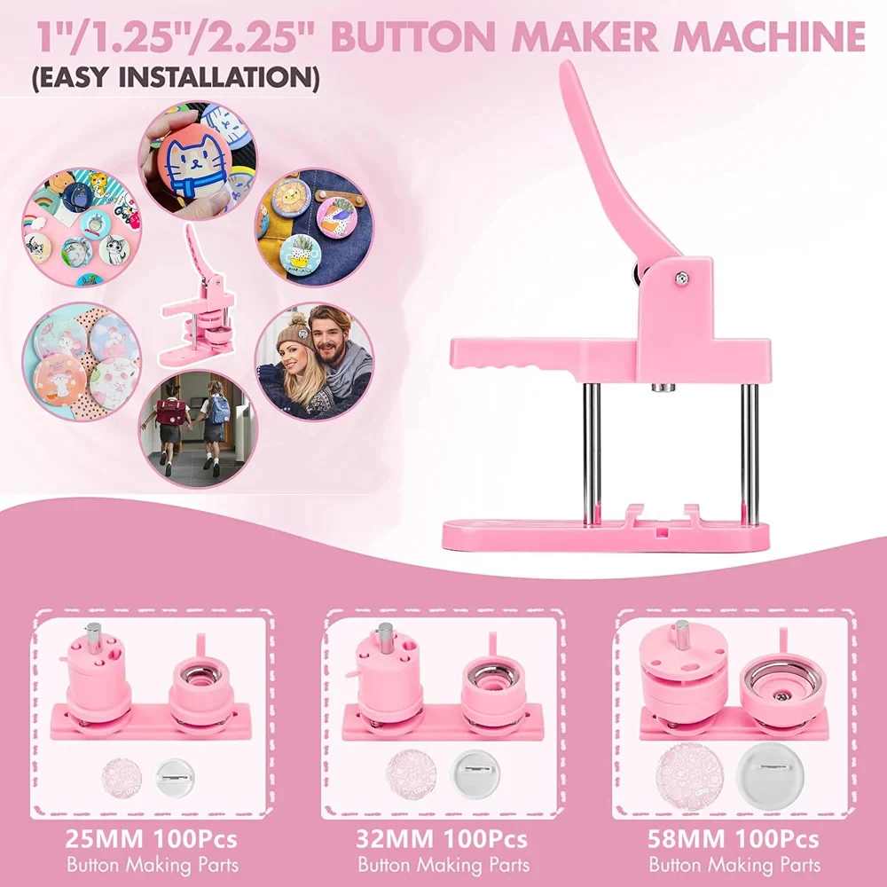 DIY Badges Button Maker Machine Kit Set, 25+32+58MM Pin Badges Punching Press with 300Pcs Parts+3 Size Circle Cutter+3