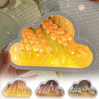Diy Cloud Tulip Night Light Handmade Led Mirror Lamp Home Desktop Decoration 2 In1 Tulips Flowers Mirror For Children