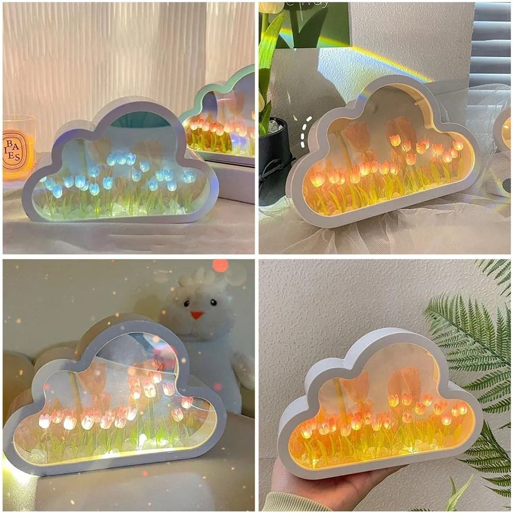 Diy Cloud Tulip Night Light Handmade Led Mirror Lamp Home Desktop Decoration 2 In1 Tulips Flowers Mirror For Children