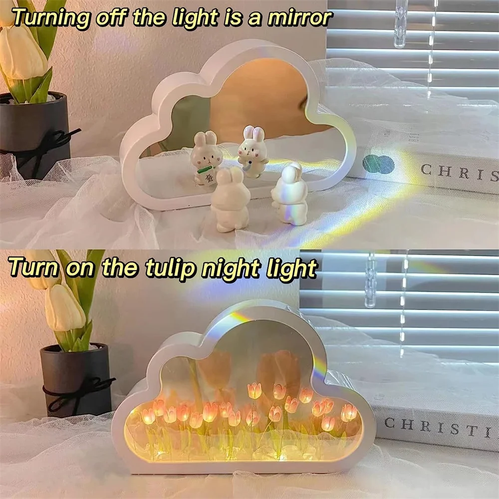 Diy Cloud Tulip Night Light Handmade Led Mirror Lamp Home Desktop Decoration 2 In1 Tulips Flowers Mirror For Children