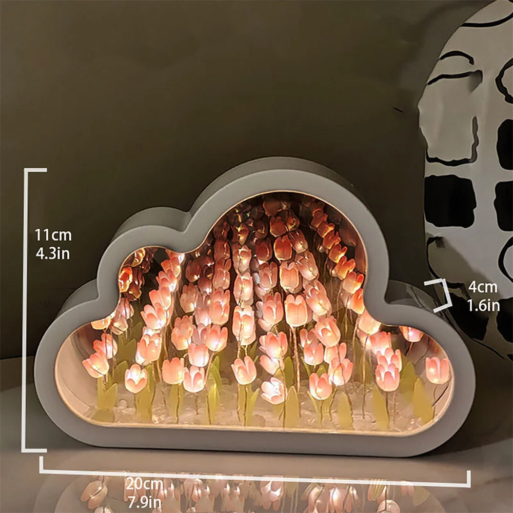 Diy Cloud Tulip Night Light Handmade Led Mirror Lamp Home Desktop Decoration 2 In1 Tulips Flowers Mirror For Children