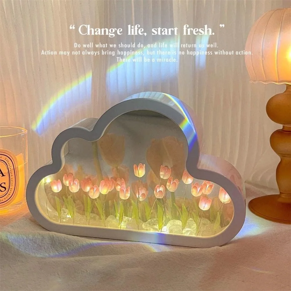 Diy Cloud Tulip Night Light Handmade Led Mirror Lamp Home Desktop Decoration 2 In1 Tulips Flowers Mirror For Children
