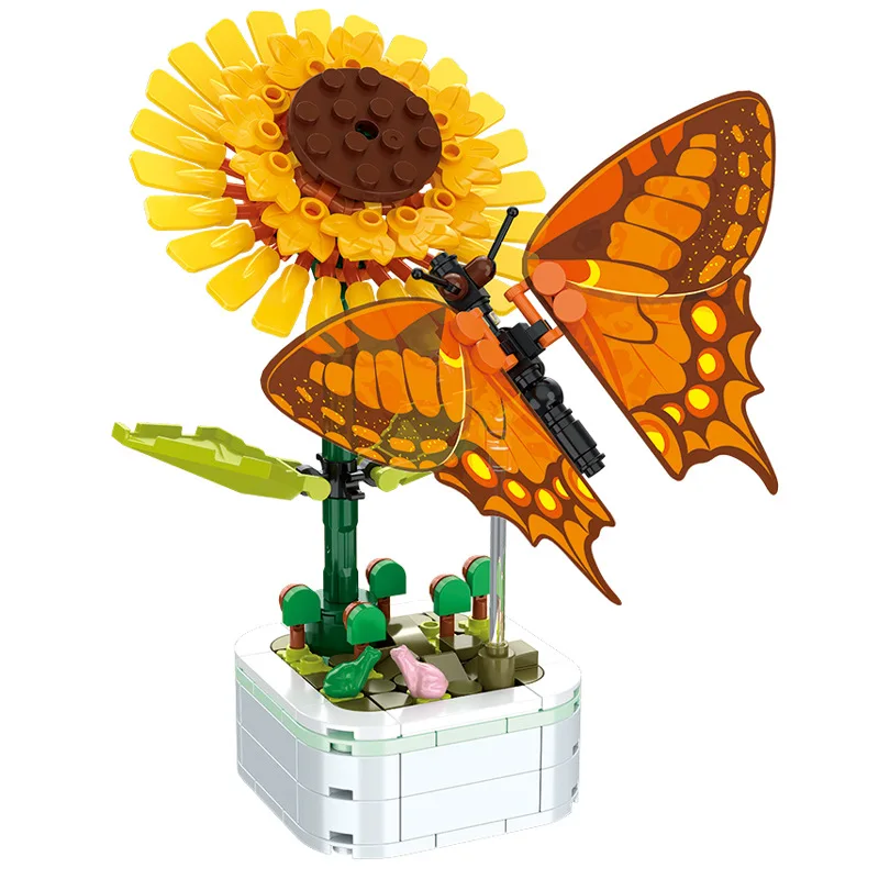 DIY Mini Butterfly Insect Potted Plant Bonsai Flower Block Rose Decoration Building Block Figure Plastic Toy Gift Kids