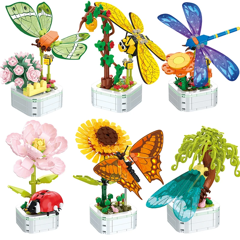 DIY Mini Butterfly Insect Potted Plant Bonsai Flower Block Rose Decoration Building Block Figure Plastic Toy Gift Kids
