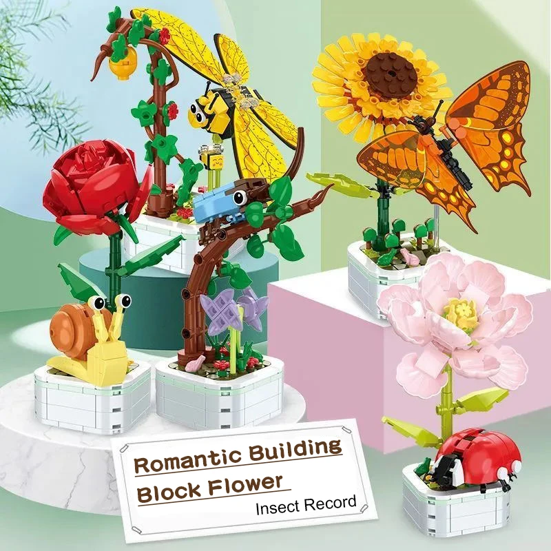 DIY Mini Butterfly Insect Potted Plant Bonsai Flower Block Rose Decoration Building Block Figure Plastic Toy Gift Kids