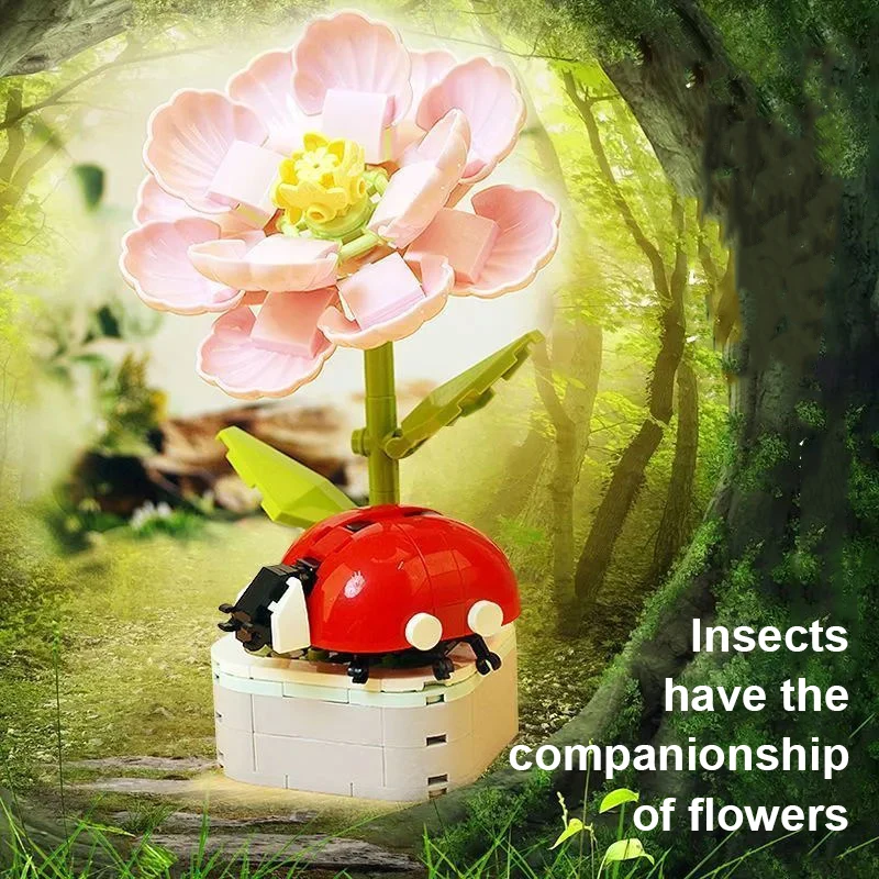 DIY Mini Butterfly Insect Potted Plant Bonsai Flower Block Rose Decoration Building Block Figure Plastic Toy Gift Kids
