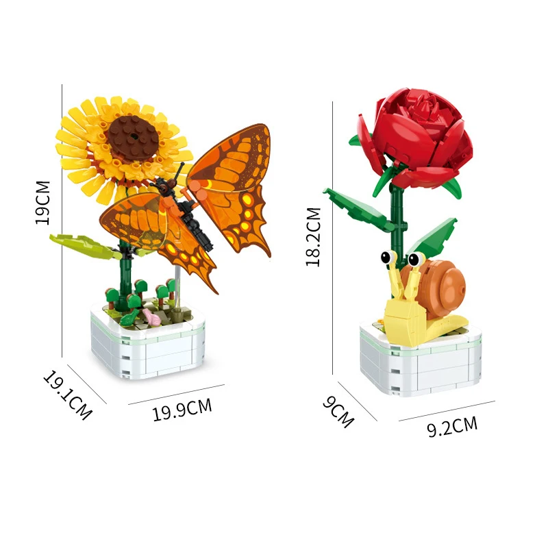 DIY Mini Butterfly Insect Potted Plant Bonsai Flower Block Rose Decoration Building Block Figure Plastic Toy Gift Kids