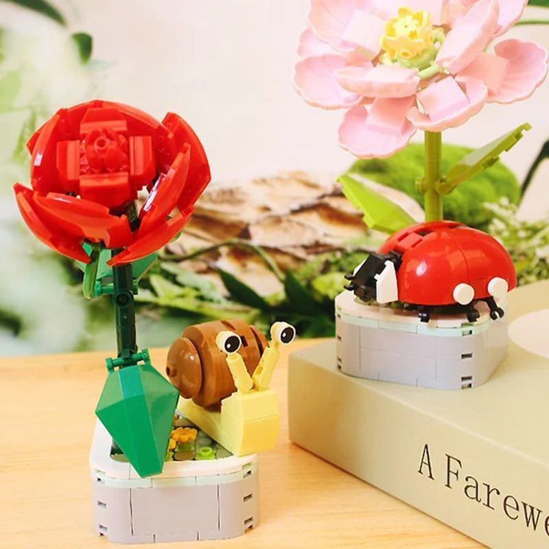 DIY Mini Butterfly Insect Potted Plant Bonsai Flower Block Rose Decoration Building Block Figure Plastic Toy Gift Kids