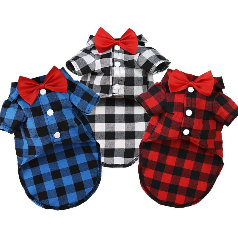 Dog Plaid Shirt with Cute Bow Tie