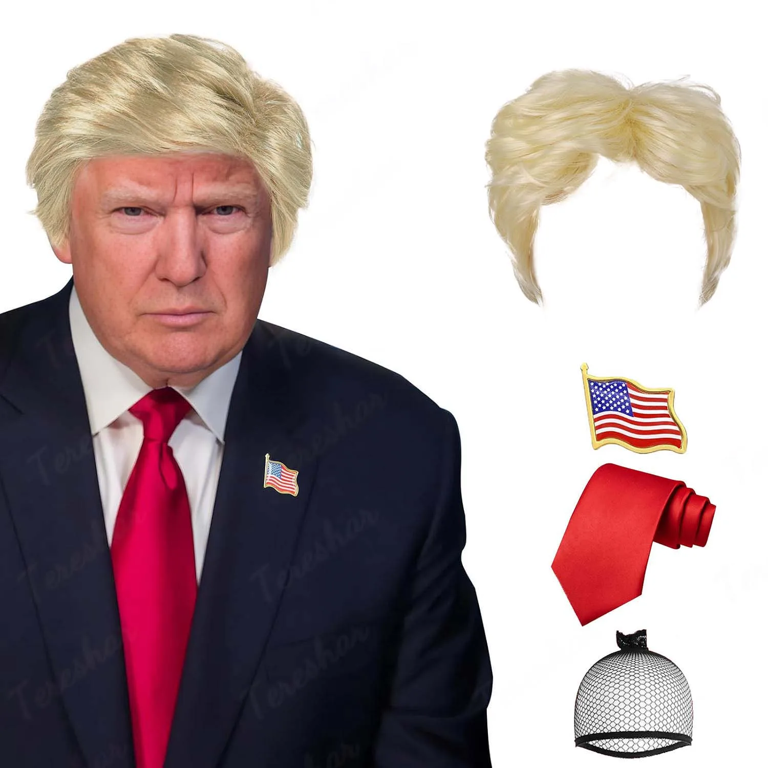Donald Trump Costume for Adults – Blonde Wig, Red Tie and USA Flag Pin Included Donald Trump Costume for Adults – Blonde Wig, Red Tie and USA Flag Pin Included