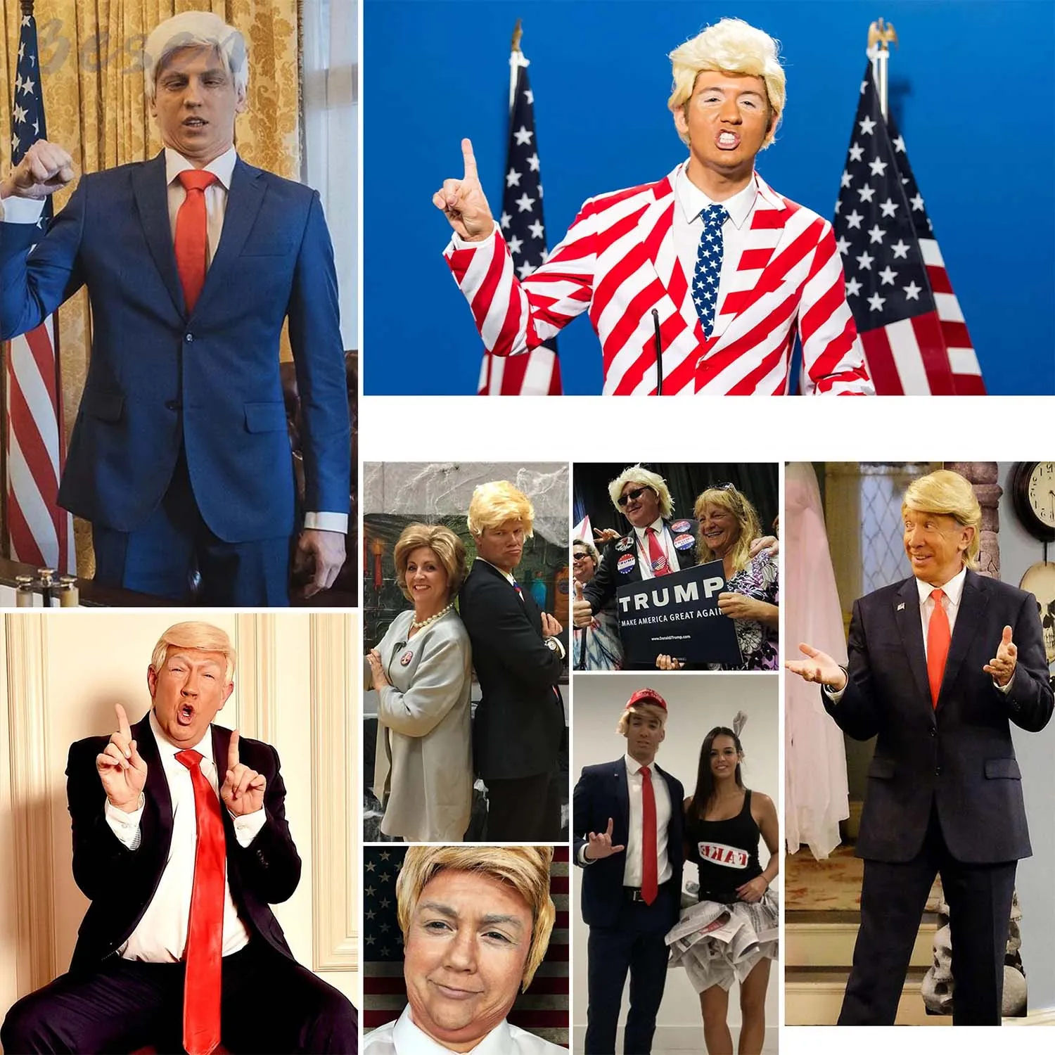 Donald Trump Costume for Adults – Blonde Wig, Red Tie and USA Flag Pin Included