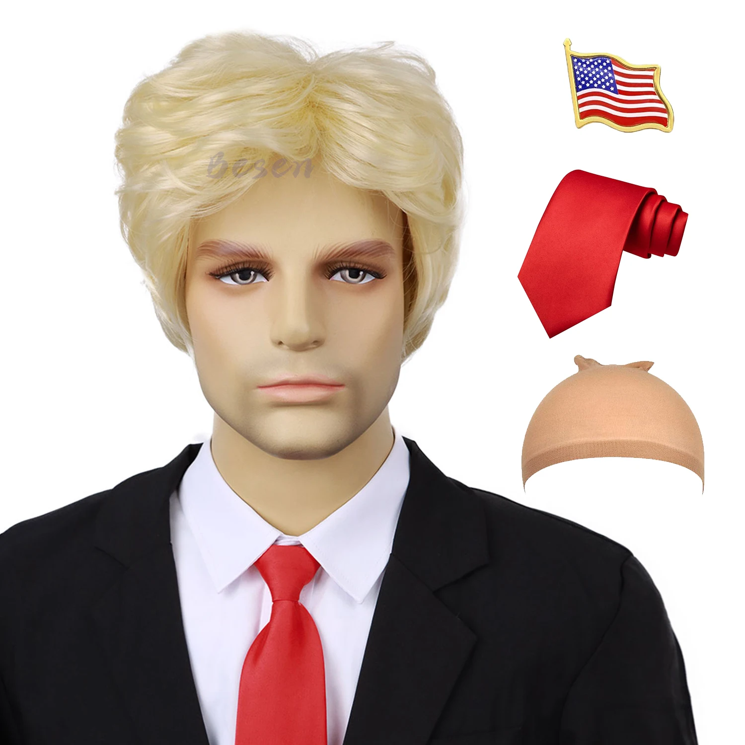 Donald Trump Costume for Adults – Blonde Wig, Red Tie and USA Flag Pin Included