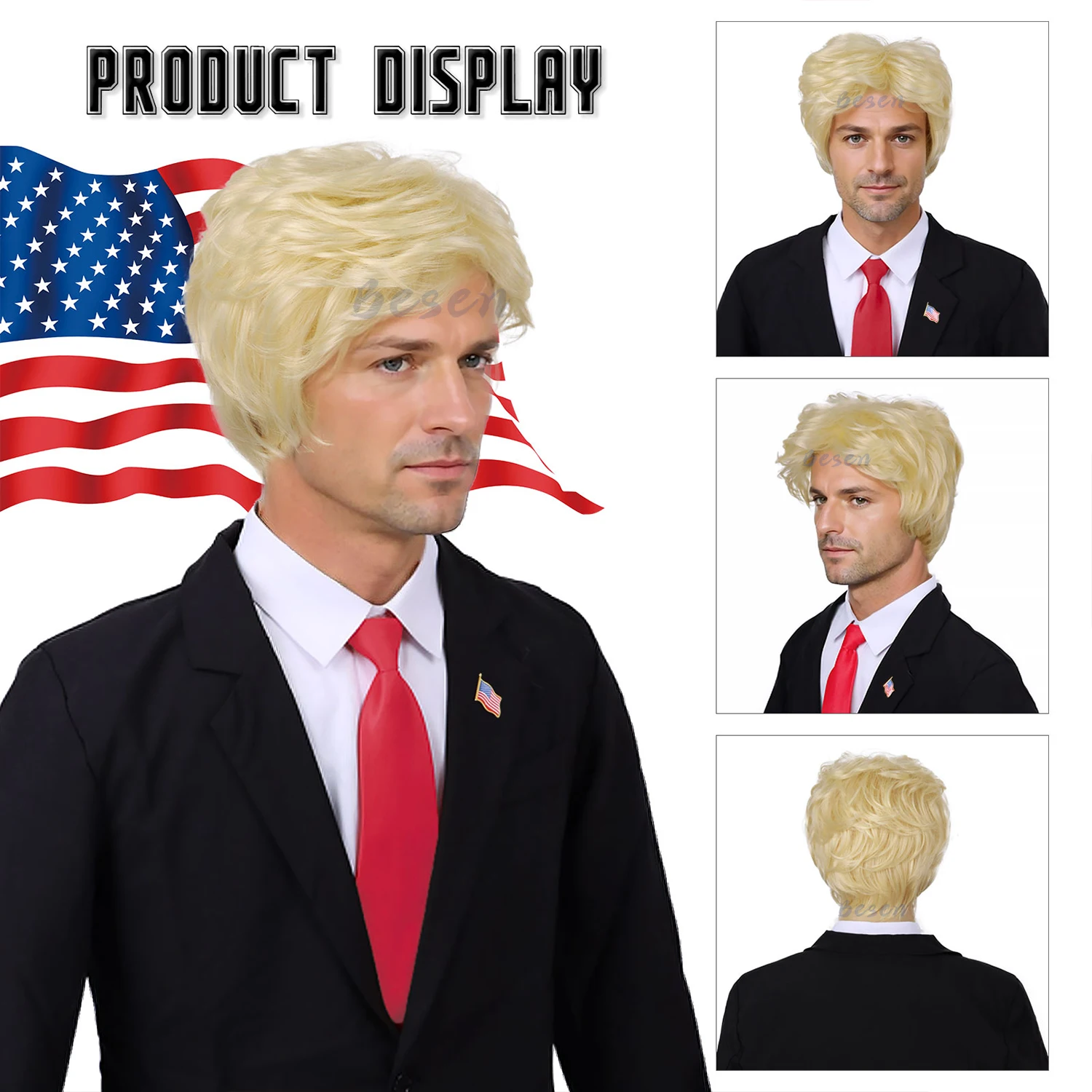 Donald Trump Costume for Adults – Blonde Wig, Red Tie and USA Flag Pin Included