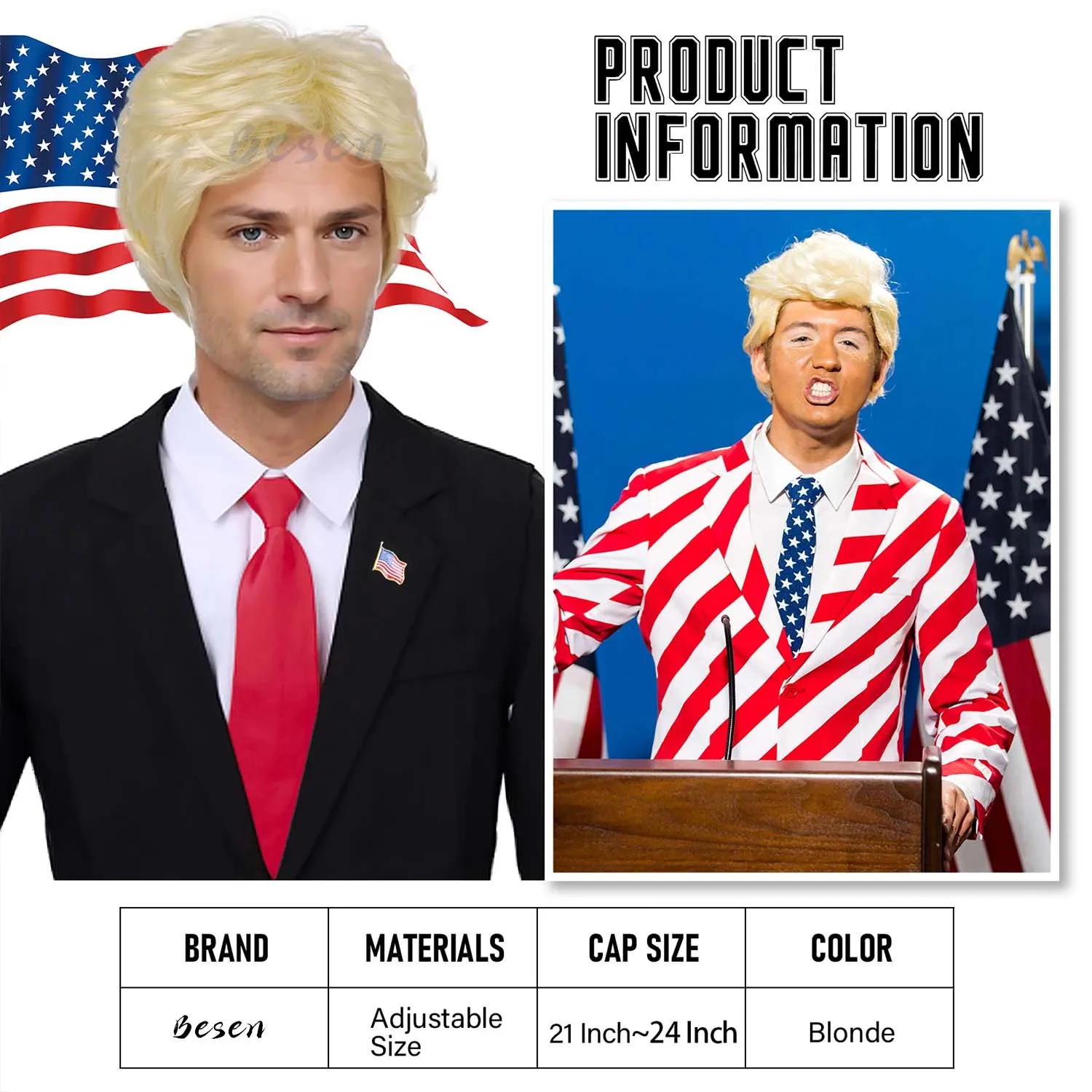Donald Trump Costume for Adults – Blonde Wig, Red Tie and USA Flag Pin Included