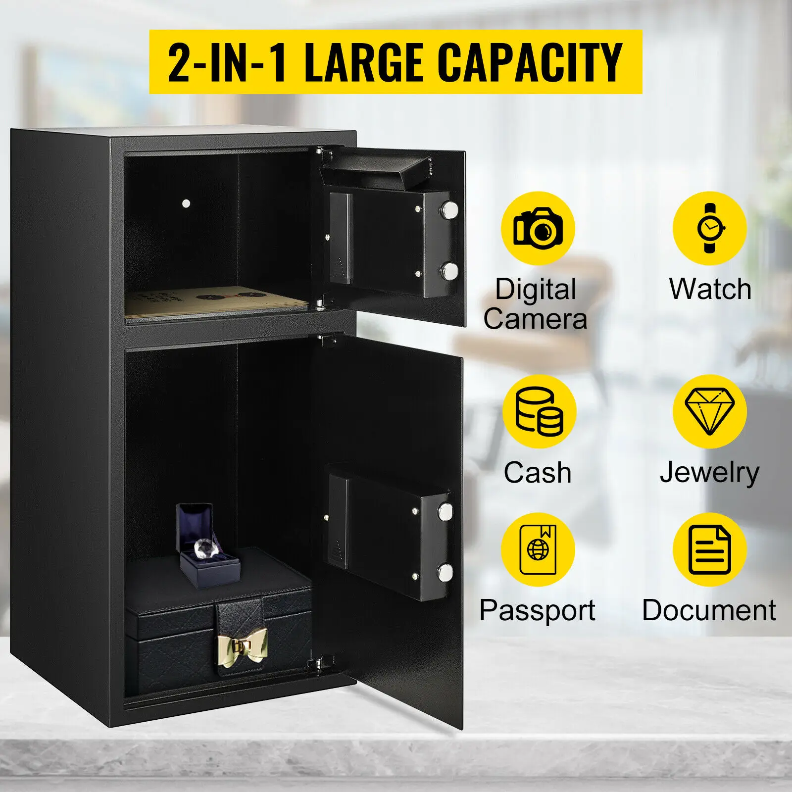 Double Door Safe 33 Inch Deposit Box Secret Hidden Piggy Bank Steel Separate Storage Space Electronic Lock Use for