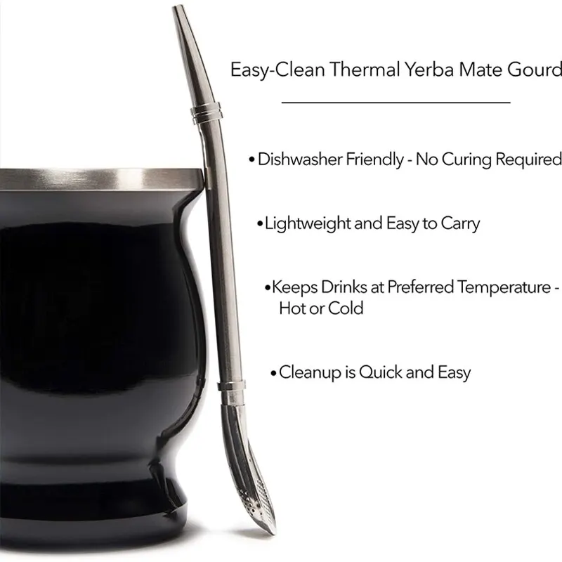 Double Layer Stainless Steel Insulated Mate Tea Cup with Bombilla and Long Brush