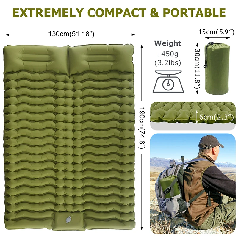 Double Sleeping Pad for Camping Self-Inflating Mat Sleeping Mattress with Pillow for Hiking Outdoor 2 Persons Travel