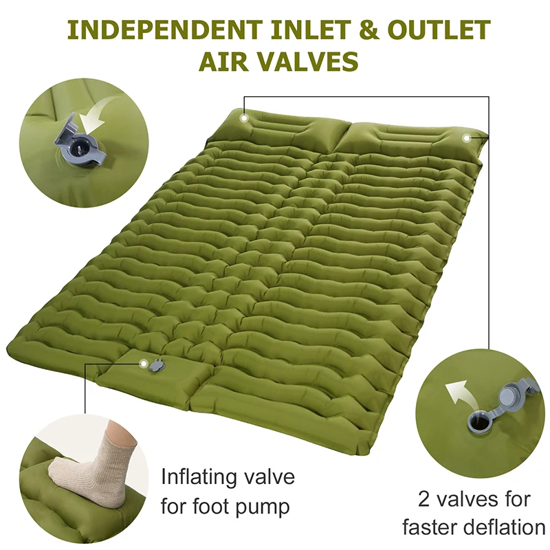 Double Sleeping Pad for Camping Self-Inflating Mat Sleeping Mattress with Pillow for Hiking Outdoor 2 Persons Travel
