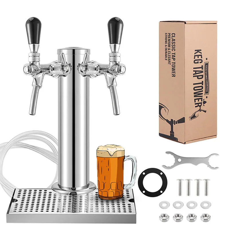 Draft Beer Tower,Dual Faucet Tap Kegerator Tower,3” Dia. Stainless Steel Column Beer Dispenser with Hose,Wrench,Brewing
