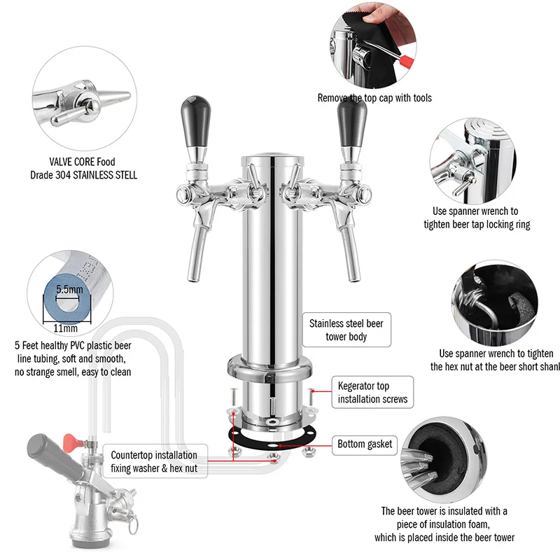 Draft Beer Tower,Dual Faucet Tap Kegerator Tower,3” Dia. Stainless Steel Column Beer Dispenser with Hose,Wrench,Brewing