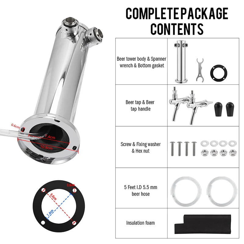 Draft Beer Tower,Dual Faucet Tap Kegerator Tower,3” Dia. Stainless Steel Column Beer Dispenser with Hose,Wrench,Brewing